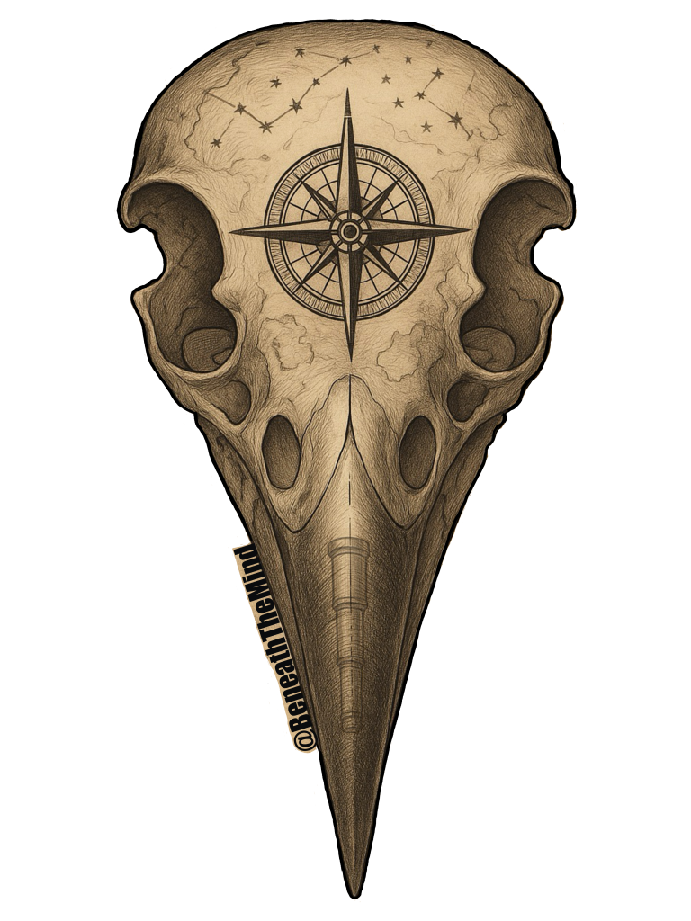 Crow skull etched with a compass rose and celestial constellations, blending navigation, mystery, and esoteric symbolism.
