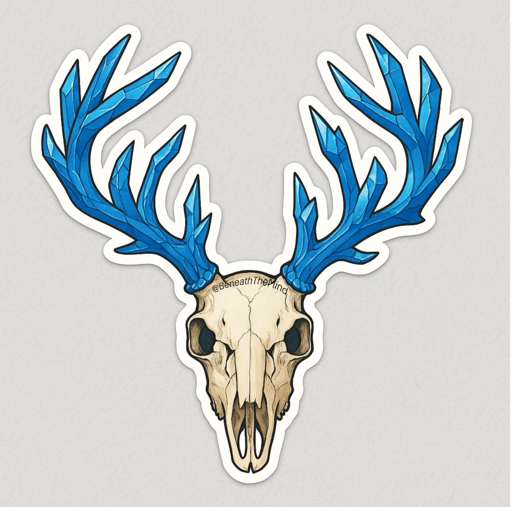 Deer skull with crystal antlers. Transformation, strength, and the connection between the earthly and the spiritual realms.